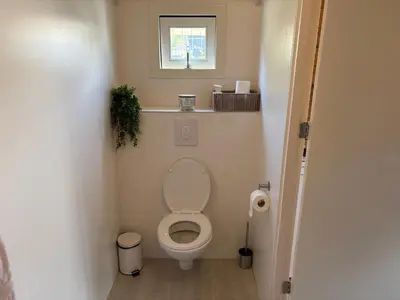 a small bathroom with a toilet and a window at De Narcis in Lisse