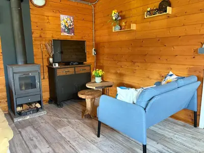 a living room with a blue couch and a stove at De Narcis in Lisse