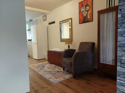 a living room with a chair and a mirror at Hagerstudio in Huizen