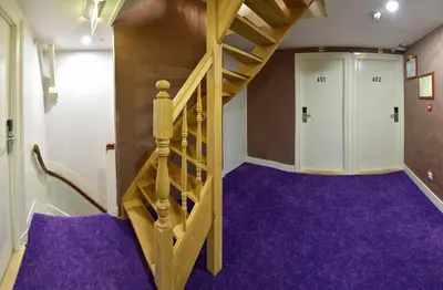 a room with a spiral staircase and purple carpet at Hotel La Belle Vue in Amsterdam