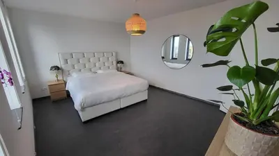 a bedroom with a white bed and a potted plant at B&B Kopwest 2 in Purmerend