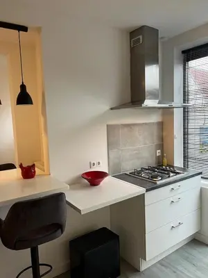 a kitchen with a stove and a red bowl on a counter at Cozy 2 bedroom apartment in Maarssen