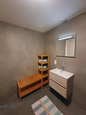 a bathroom with a sink and a mirror and a shelf at De bloemenkwekerij in Egmond-Binnen