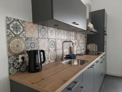 a kitchen with a sink and a counter top at De bloemenkwekerij in Egmond-Binnen