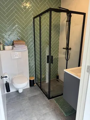 a bathroom with a shower and a toilet and a sink at Smile home 3 Wormerveer- Zaanse Schans en Amsterdam appartements in Wormerveer