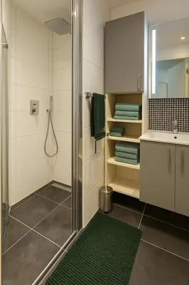 a bathroom with a shower and a green rug at Reza Almere in Almere