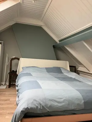 a bedroom with a bed in the attic at Nice and cosy house close Amsterdam and airport in Badhoevedorp