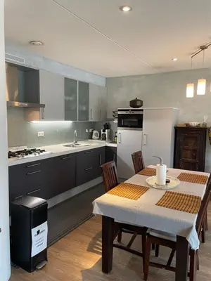 a kitchen with a table and a sink and a refrigerator at Lounge Park Apartment in Amsterdam