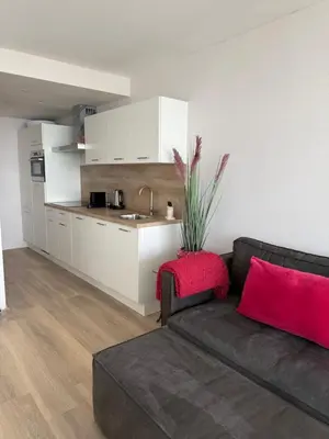 a living room with a couch and a kitchen at Rosalie Apartment in Zandvoort
