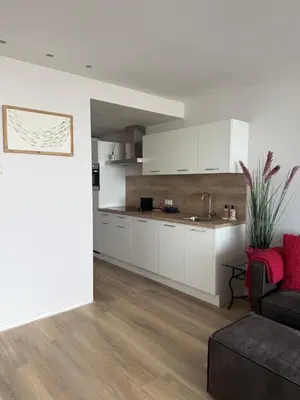 a kitchen and living room with white cabinets and a couch at Rosalie Apartment in Zandvoort