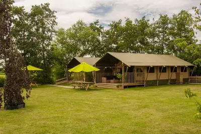 a large tent with a table and yellow umbrellas at Zorgcamping De Ruif De Peppelhoeve in Stoutenburg