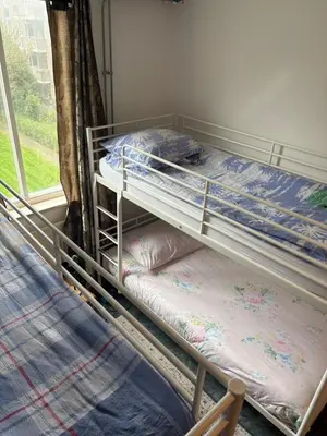 two bunk beds in a room with a window at B&B Calypso Amsterdam in Amsterdam