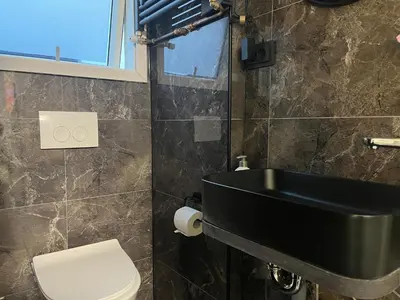 a bathroom with a black sink and a toilet at Leoicom in Zandvoort