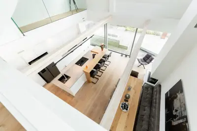 an aerial view of the living room and dining room of a house at Villa Beachhouse in Bergen aan Zee