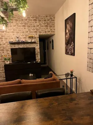 a living room with a couch and a fireplace at The Studio no windows 20 minutes by bus to downtown Amsterdam in Purmerend