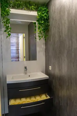 a bathroom with a sink and a mirror at B&B Sunflower Leiden in Leiden