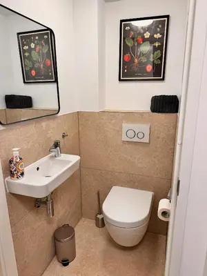 a bathroom with a white toilet and a sink at Vakantiehuis aan meertje op Recreatiepark De Wielen - 85 in Sint Maarten