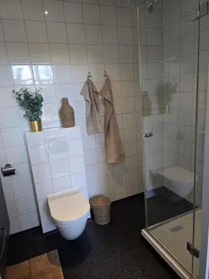 a bathroom with a toilet and a shower at Hart van Warder in Warder