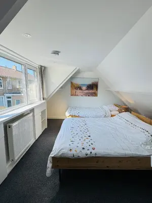 a bedroom with two beds in a attic at Zomerhuis Aurora Noordwijk aan Zee in Noordwijk aan Zee