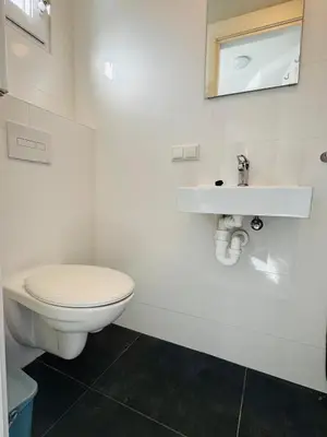 a white bathroom with a toilet and a sink at Zomerhuis Aurora Noordwijk aan Zee in Noordwijk aan Zee