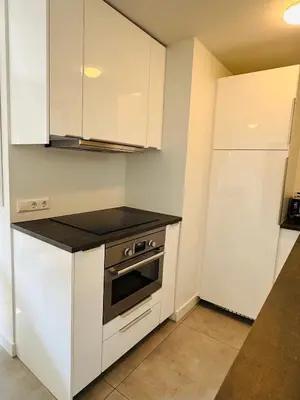 a kitchen with white cabinets and a stove at Zomerhuis Aurora Noordwijk aan Zee in Noordwijk aan Zee