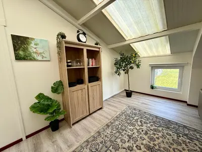 an attic room with a skylight and a book shelf at Holiday Home Vijfhuizen in Vijfhuizen