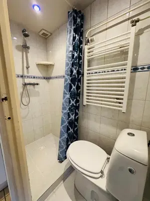 a bathroom with a toilet and a shower at Strandhuisje Quarles in Noordwijk
