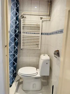 a small bathroom with a toilet and a shower at Strandhuisje Quarles in Noordwijk