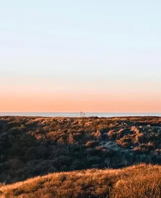 a view of a field with the ocean in the background at Beleef Noordwijk strandhuisje in Noordwijk aan Zee