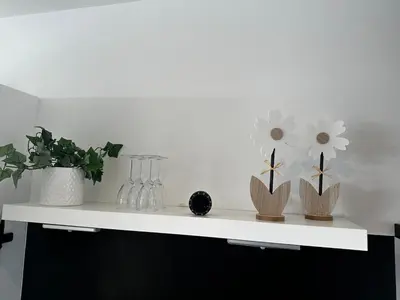 a shelf with three vases and flowers on it at De Schelp 67, Free parking in Zandvoort