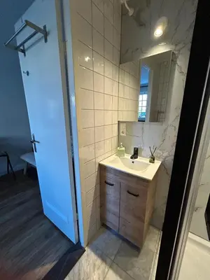a bathroom with a sink and a mirror at Boutique at the beach in Zandvoort