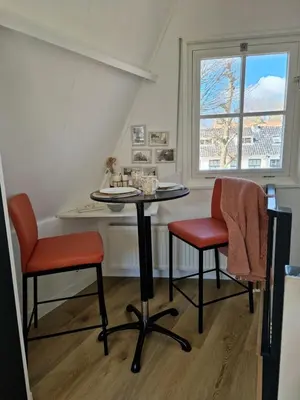 a table and two chairs in a room with a window at Bed & Breakfast De Punt in Monnickendam