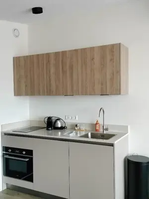 a white kitchen with a sink and a stove at Blom studio's in Hillegom