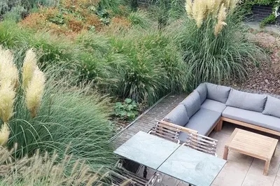 a blue couch and a table and some tall grass at Wellness Appartement Duinpoort in Castricum