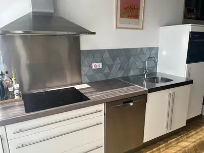 a kitchen with a stove and a sink at Wellness Appartement Duinpoort in Castricum