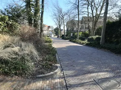 a cobblestone street in a residential neighborhood with houses at studio Le Garage in Bergen