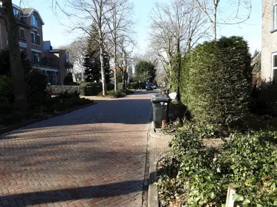 a brick sidewalk with a fire hydrant on a street at studio Le Garage in Bergen