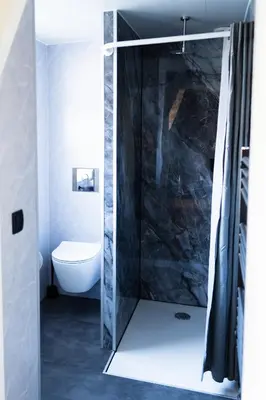 a bathroom with a shower with a toilet and a sink at 1 aan Duin in Egmond aan Zee