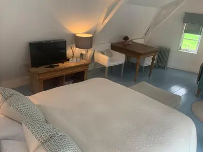 a bedroom with a bed and a television and a desk at De Vink Bed & Breakfast in Abcoude
