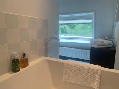 a bathroom with a bath tub with a window at De Vink Bed & Breakfast in Abcoude