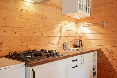 a kitchen with a stove and wooden walls at Chalet Zandvoort in Zandvoort