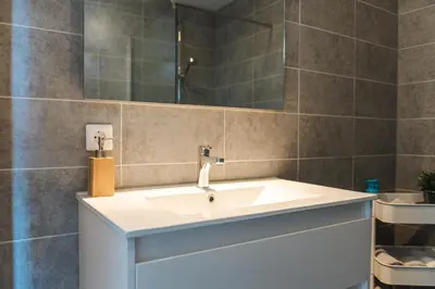 a bathroom with a sink and a mirror at Gezellig 2 kamerappartement in Burgerbrug Dicht bij strand en natuur! in Burgerbrug