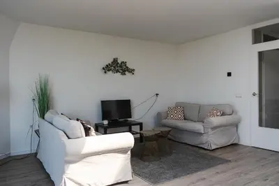 a living room with two couches and a tv at Gezellig 2 kamerappartement in Burgerbrug Dicht bij strand en natuur! in Burgerbrug