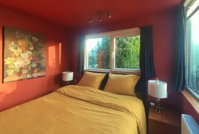 a bedroom with a large bed with a window at B&B Evergreen in Wijdewormer