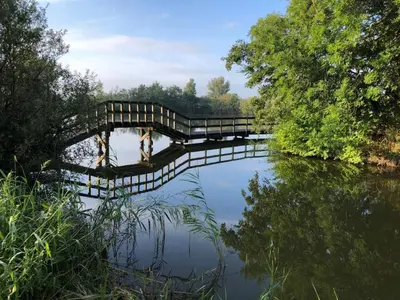 a bridge over a river with a reflection in the water at Chalet 588 op Recreatiepark De Wielen in Sint Maarten