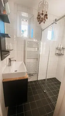 a white bathroom with a sink and a shower at Charming Entire Home Near Amsterdam in Hilversum