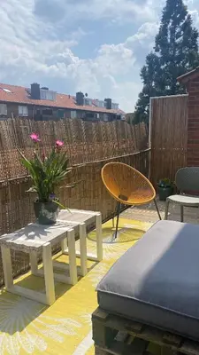 a patio with a table and a bench and a plant at Charming Entire Home Near Amsterdam in Hilversum