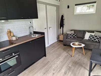 a kitchen and living room with a couch and a table at Park De Driesprong in Nieuwveen
