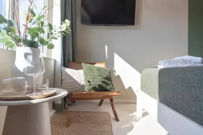 a living room with a table and a chair with a plant at Smile Studio's in Zandvoort