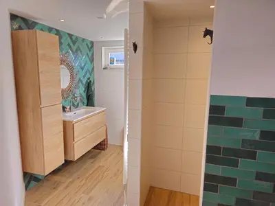a bathroom with a shower with a sink and a mirror at Heidy's Home, with Wellness Facilities in Zeewolde
